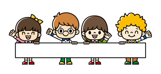 Vector illustration of children from around the world holding placards with smiling faces