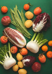 December winter vegetables and fruits on a green background: fennel, radicchio, persimmon, potatoes and tangerines and pomegranate. Seasonal healthy food