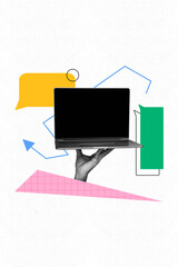 Vertical collage illustration of modern technologies using for communication new laptop send...