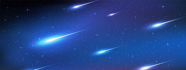 A night full of beautiful meteor showers. Shooting star, Falling Star. Stardust in deep universe. Vector Illustration.