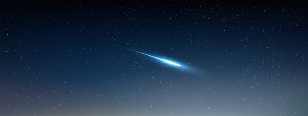 A meteor is falling from the sky. Beautiful night filled with many stars twinkling in the night sky. Stardust in deep universe. Vector Illustration.