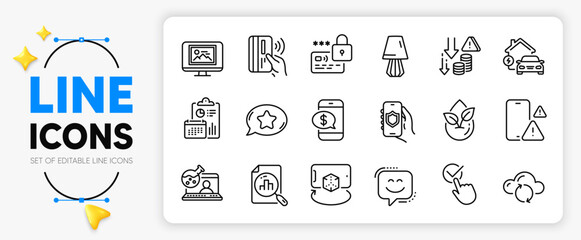 Favorite chat, Report and Photo thumbnail line icons set for app include Phone payment, Cloud sync, Lock outline thin icon. Smile face, Contactless payment, Security app pictogram icon. Vector