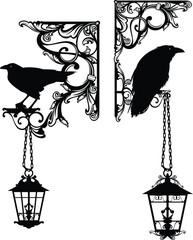 antique style page decoration corner with raven birds and hanging street lamps -  black and white vector decorative design for witchcraft and sorcery concept