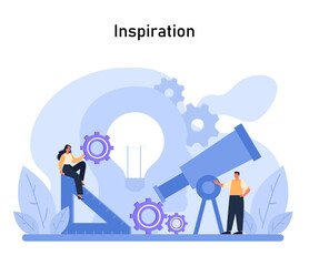 Inspiration visualization. Creatives harness bright ideas using visionary tools, setting the stage for Design Thinking's explorative phase. Flat vector illustration