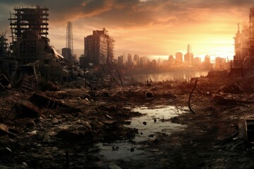 Destroyed city after the war. Dramatic scene of the fuming city, Bombed out and burning, Human suffering for war Ai generated - obrazy, fototapety, plakaty