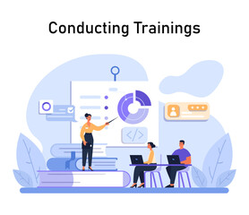 Conducting Trainings concept. Instructor presenting data visuals while employees attentively listen, seated with laptops. Enhancing workplace skills. Flat vector illustration.