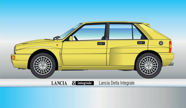 Italy, year 2014, Lancia Delta Integrale Rally vintage car, Italy, coloured illustration on the blue sky background