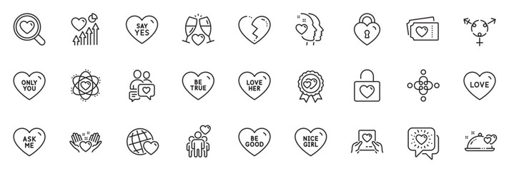 Fototapeta na wymiar Icons pack as Love lock, Love her and Wedding glasses line icons for app include Friends world, Hold heart, Be good outline thin icon web set. Ask me, Genders, Heart pictogram. Nice girl. Vector