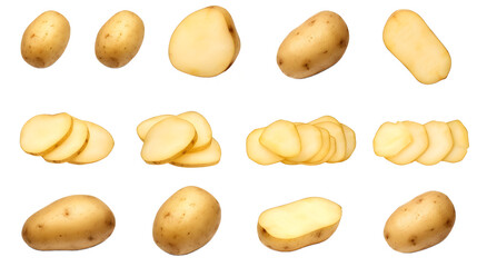 Young potato isolated on white background. Harvest new. Top view. Flat lay, Set or collection - obrazy, fototapety, plakaty