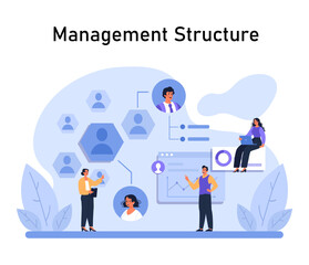 Management Structure concept. Team collaborating on a digital chart, showcasing hierarchical positions in a modern corporate setup. Efficient organizational design. Flat vector illustration.