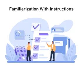 Fotobehang Familiarization With Instructions concept. Employees interact with a checklist, ensuring all tasks and guidelines are acknowledged. Calendar and chat bubbles accentuate the process. Flat vector. © inspiring.team