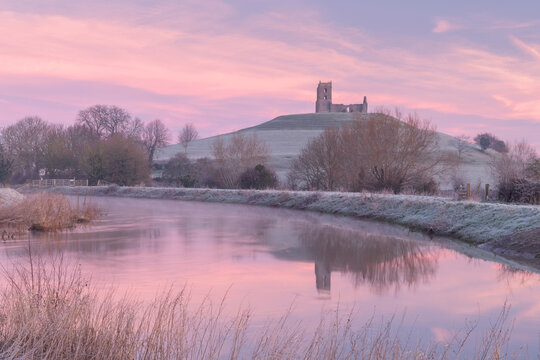 Church ruins on Burrow Mump at dawn on a frosty winter morning, Somerset, England, United Kingdom, Europe