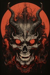 Fototapeta premium Japanese demon skull devil, woodblock print