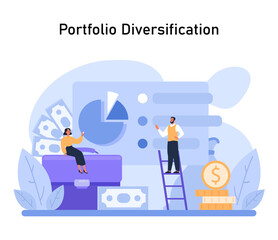 Portfolio Diversification concept. Balancing financial holdings to minimize risk. Strategic investment spread across various assets. Flat vector illustration