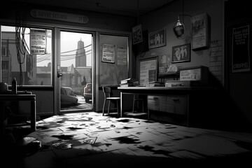 interior of an office, crime story theme