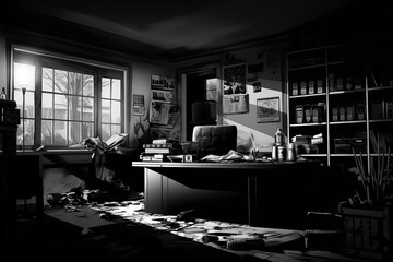 Interior of an office, crime story theme, black and white themed room