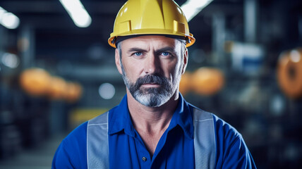 Portrait of a confident adult mature factory worker wearing hard hat and work clothes standing besides the production line.
