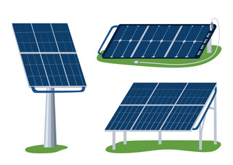 Vector set of different solar panels. Green energy. Protection of ecology and environment. Solar panels for power station, home and camping.