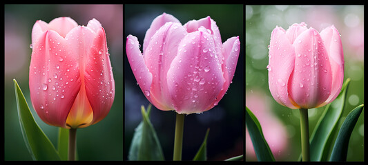 Set of pink tulips with dew drops, close-up. Spring banner with three pink tulips in a row, glistening with rainwater. Women's day greeting card with pink tulips with raindrops in soft natural light