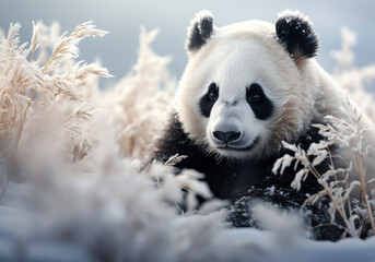 Fototapeta premium Big panda in the snow-covered grassland. Snowy winter. Ai generated 