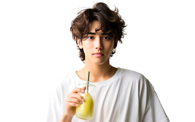 Inclusive Teenager Boy is Holding Pear Juice Isolated on Transparent Background PNG.