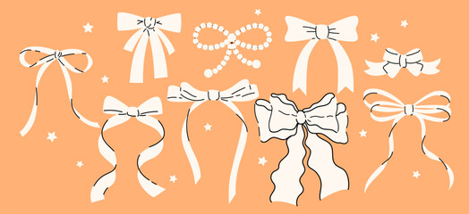 Set of various cartoon bow knots, gift ribbons. Trendy hair braiding accessory. Hand drawn vector illustration. - obrazy, fototapety, plakaty