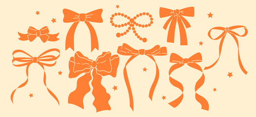 Set of various cartoon bow knots, gift ribbons. Trendy hair braiding accessory. Hand drawn vector illustration. - 694885989