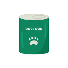 Green can of canned food for dogs. Flat pack of pet food with paw. Concept for pet products, pet food, pet store, veterinary clinic. Vector eps 10 on a white background.