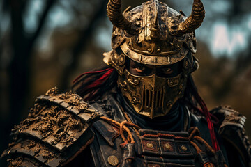 Historical warrior portrait, samurai with a menacing mempo mask, traditional armor
