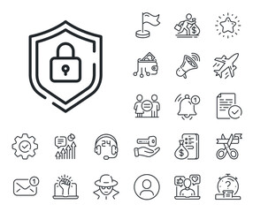 Privacy secure sign. Salaryman, gender equality and alert bell outline icons. Shield line icon. Safe defense symbol. Shield line sign. Spy or profile placeholder icon. Online support, strike. Vector