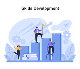 Determined professionals ascend in skills development. Amidst upward arrows and gears, they signify growth, continuous learning, and reaching for higher goals in their career journey. Flat vector. - obrazy, fototapety, plakaty