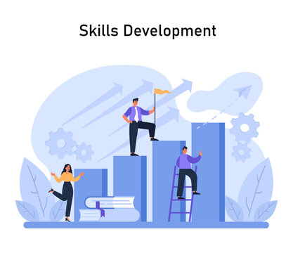 Determined professionals ascend in skills development. Amidst upward arrows and gears, they signify growth, continuous learning, and reaching for higher goals in their career journey. Flat vector.