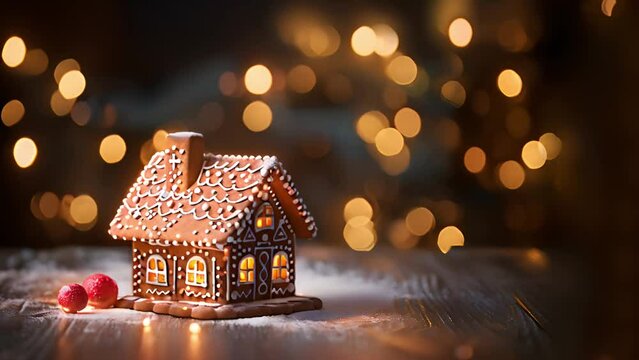 Homemade Christmas gingerbread house decoration on background of defocused lights. Sparkling bokeh lights moving around. Merry Christmas and Happy New Year concept Copy space