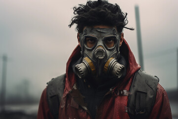 Post-apocalyptic survivor portrait, rugged gas mask, desolate urban ruins