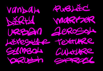 Collection of graffiti street art tags with words and symbols in pink color on black background