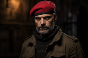 Revolutionary leader's portrait, urban decay background, intense eyes, military beret, symbolic pin on lapel