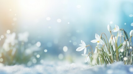 A bunch of snowdrops are in the snow, header, footer, panoramic banner image.