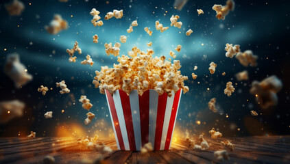 Bucket of cinema popcorn in a red and white box with exploding popcorn pieces. Movie time theme concept - obrazy, fototapety, plakaty