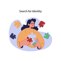 Search for identity concept. Pensive woman fitting puzzle pieces, symbolizing introspection and self-discovery journey. Understanding oneself amidst life complexity. Flat vector illustration