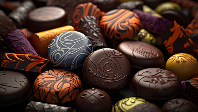 Close up shot of a selection of luxury chocolates. Valentines day gift, Quality confectionery. Food photograph