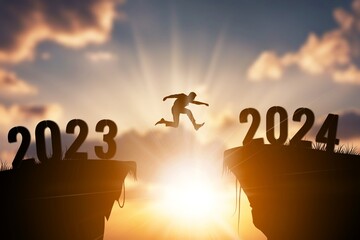 Welcome new year 2024, Silhouette jumping on cliff