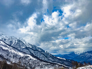 Winter view of the mountains Krasnaya Polyana, Rosa Khutor, Olympic Village, Estosadok, Sochi