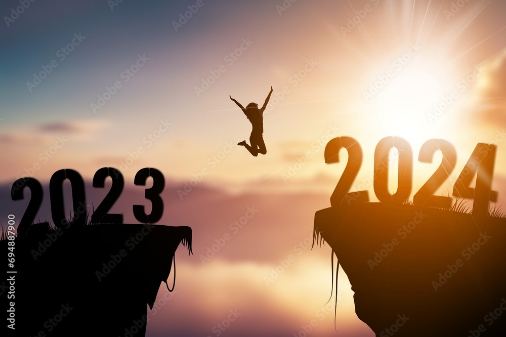 Wall mural Welcome new year 2024, Silhouette jumping on cliff