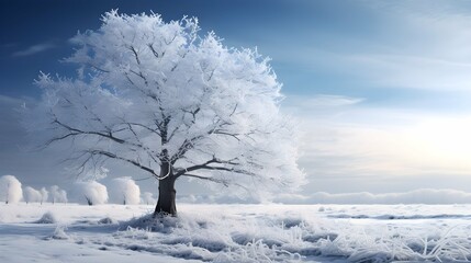winter scene featuring a frost-covered tree. Landscape covered in ice and snow. Generative AI.