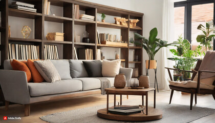 Modern living room with trendy home decor bookshelves and stylish furniture, coffee table and plants, close up 