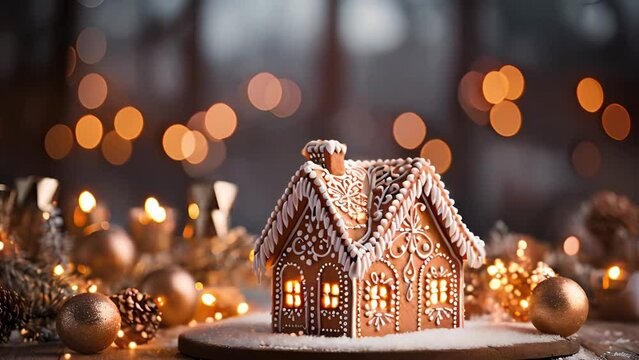 Homemade Christmas gingerbread house decoration on background of defocused lights. Sparkling bokeh lights moving around. Merry Christmas and Happy New Year concept Copy space