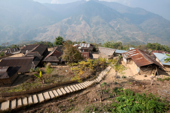 Recently constructed concrete steps to ease access between higher and lower sections of village on steep Naga hillside, Nagaland, India