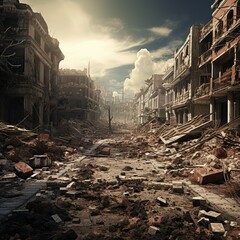 Destroyed city after earthquake. Dramatic scene of the fuming city and burning, Human suffering for earthquake Ai generated - obrazy, fototapety, plakaty