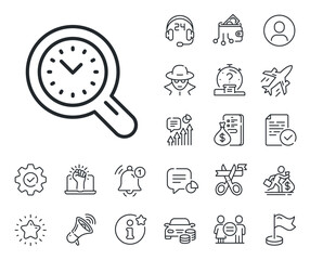 Clock sign. Salaryman, gender equality and alert bell outline icons. Time management line icon. Work analysis symbol. Time management line sign. Spy or profile placeholder icon. Vector