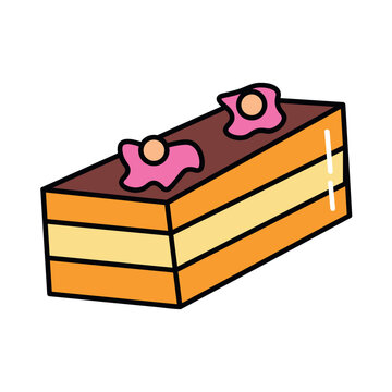 Cake of colorful food set. The cake slice on image is expertly depicted, showcasing its layers, frosting, and enticing appeal. Vector illustration.